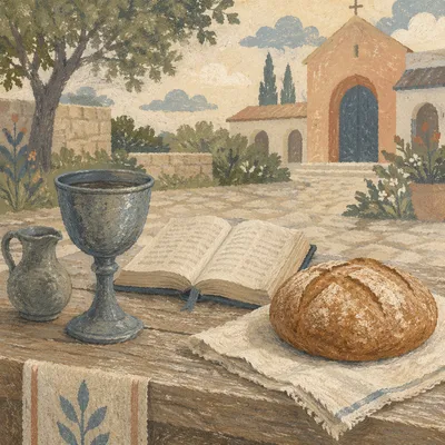 Communion Table with Bread Wine and Chalice