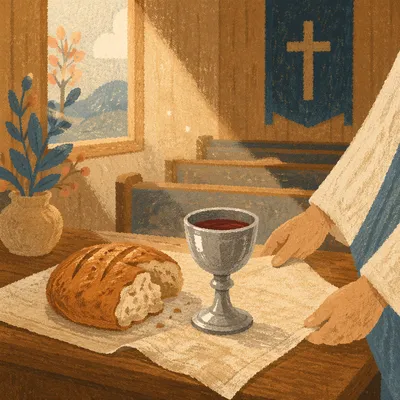 Rustic Communion Table with Bread and Chalice