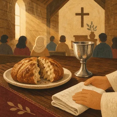 Communion Table with Bread and Silver Chalice