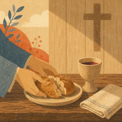 Rustic Communion Table with Bread and Chalice
