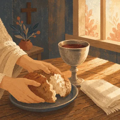 Reverent Communion Table with Bread and Chalice