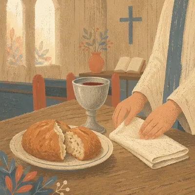 Rustic Communion Table with Bread and Chalice