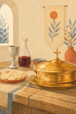 Communion Table with Bread Wine and Chalice
