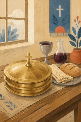 Communion Table with Bread Wine and Chalice