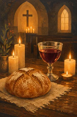 Candlelit Communion Bread and Wine Chalice