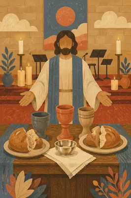 Reverent Communion Table with Bread and Chalices