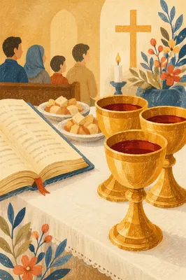 Communion Table with Bread and Golden Chalices
