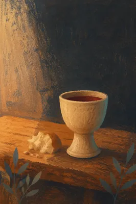Communion Chalice and Bread on Wooden Table