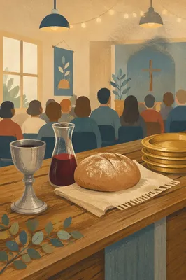 Communion Table with Bread Wine and Chalice
