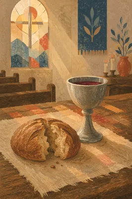 Reverent Communion Table with Bread and Chalice