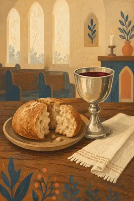 Reverent Communion Table with Bread and Chalice