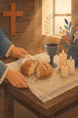 Rustic Communion Table with Bread and Chalice