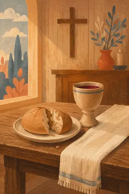 Rustic Communion Table with Bread and Chalice