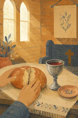 Reverent Communion Table with Bread and Chalice