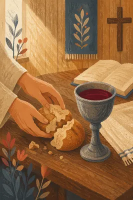 Rustic Communion Table with Bread and Chalice