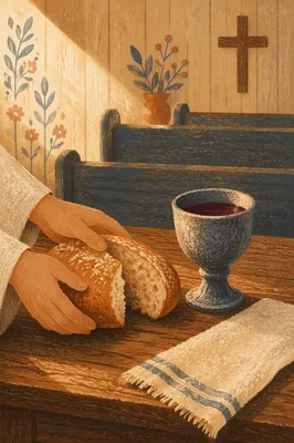 Rustic Communion Table with Bread and Chalice