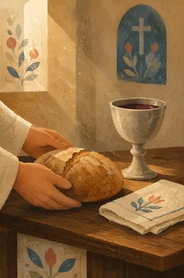 Rustic Communion Table with Bread and Chalice