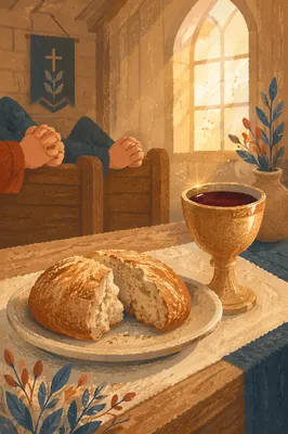 Rustic Communion Table with Bread and Chalice