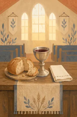 Reverent Communion Table with Bread and Chalice