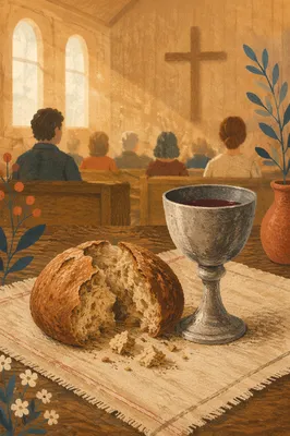 Rustic Communion Table with Bread and Chalice
