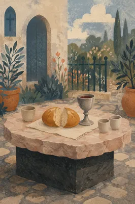 Communion Bread and Chalice on Marble Table