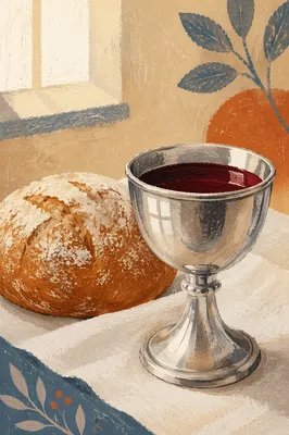 Communion Chalice with Bread on White Linen