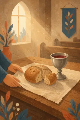 Rustic Communion Table with Bread and Chalice