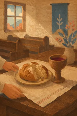 Rustic Communion Table with Bread and Chalice