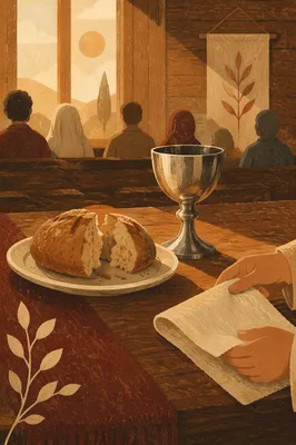 Rustic Communion Table with Bread and Chalice