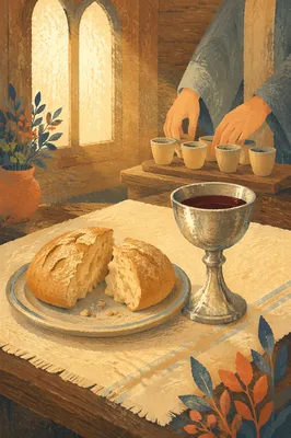 Reverent Communion Table with Bread and Chalice