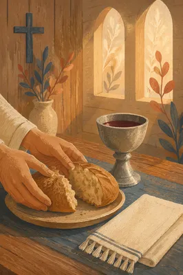 Reverent Communion Table with Bread and Chalice