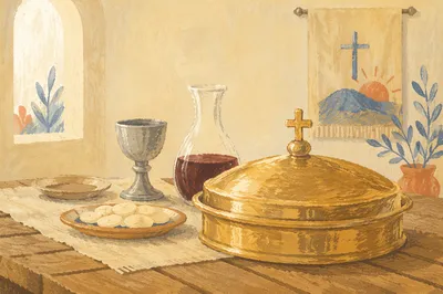 Communion Table with Bread Wine and Chalice