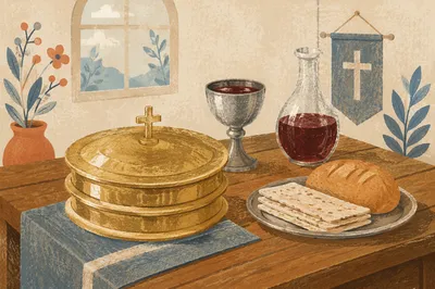 Communion Table with Bread Wine and Chalice