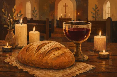 Candlelit Communion Table with Bread and Chalice