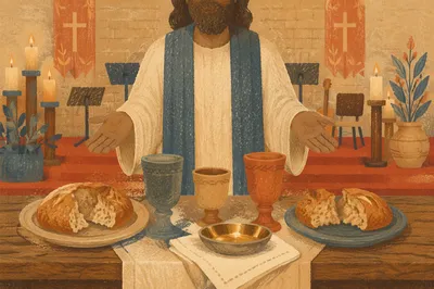 Reverent Communion Table with Bread and Chalices