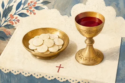 Communion Table with Bread and Gold Chalice