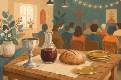 Communion Table with Bread Wine and Chalice