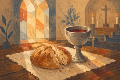 Communion Bread and Chalice on Wooden Table