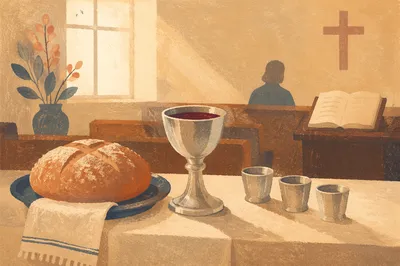 Reverent Communion Table with Bread and Chalice