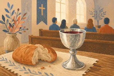 Communion Table with Bread and Silver Chalice