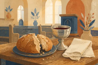 Reverent Communion Table with Bread and Chalice