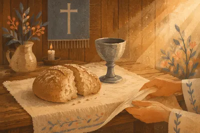 Warm Communion Table with Bread and Chalice