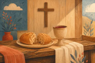 Rustic Communion Table with Bread and Chalice