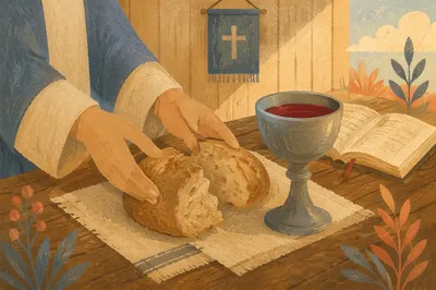Rustic Communion Table with Bread and Chalice
