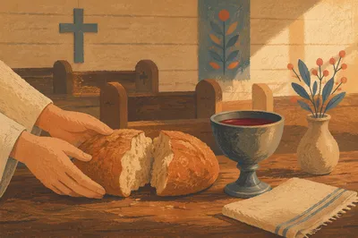 Rustic Communion Table with Bread and Chalice