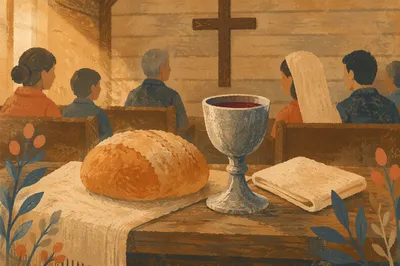 Rustic Communion Table in Wooden Chapel