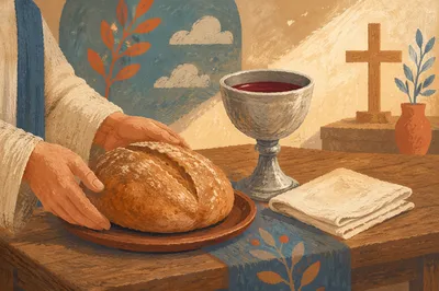 Rustic Communion Table With Bread and Chalice