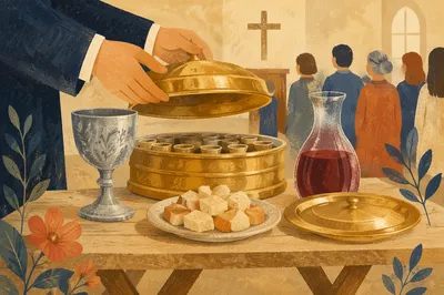 Reverent Communion Table with Bread and Chalice
