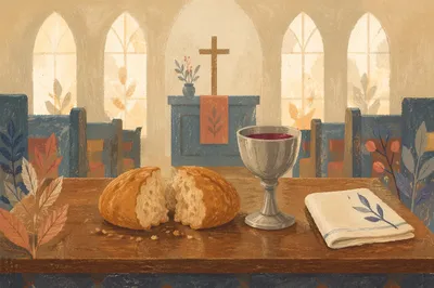 Reverent Communion Table with Bread and Chalice