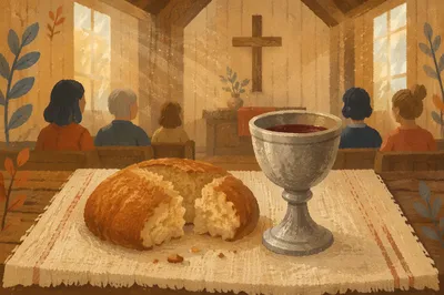 Rustic Communion Table with Bread and Chalice